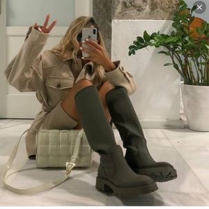 Zara rubberized flat boot khaki green never worn